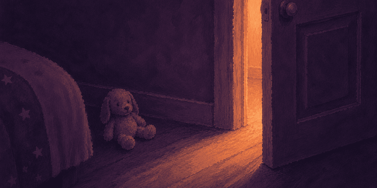 A child's bedroom door slightly ajar with a sliver of warm apricot light spilling in. Bedtime fears and the dark.