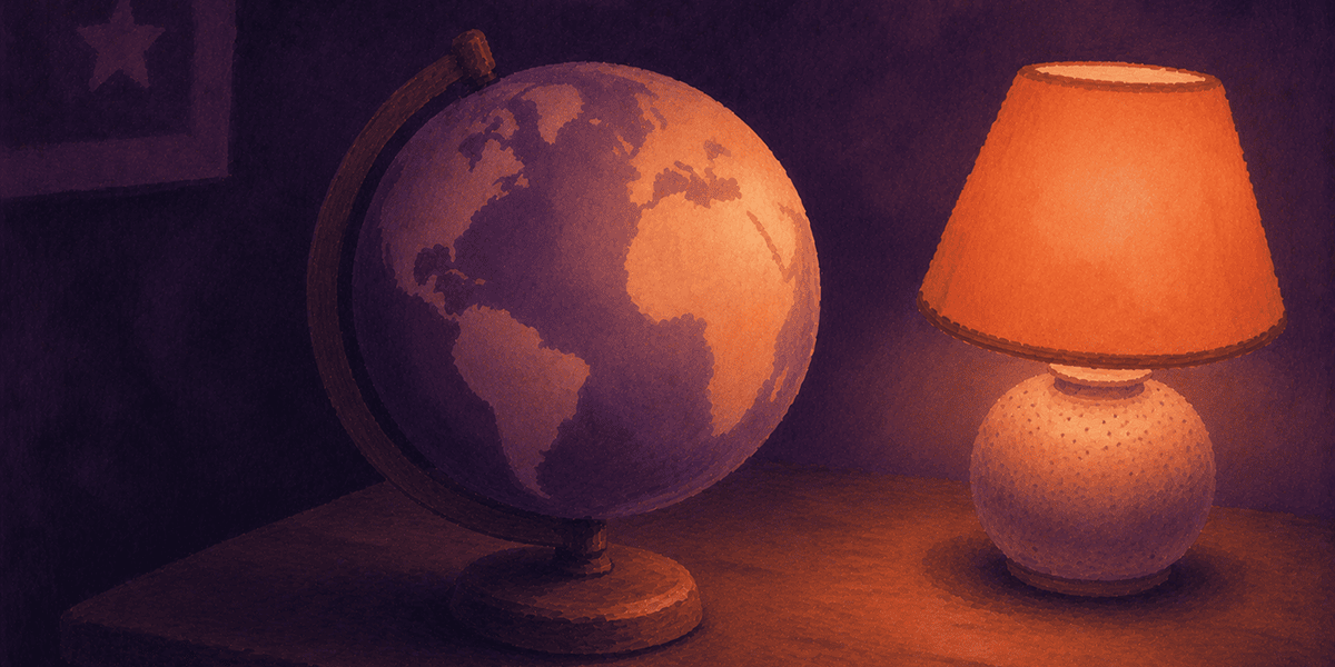 A small wooden globe on a bedside table beside an apricot lamp in a plum dusk room. How different cultures approach bedtime.
