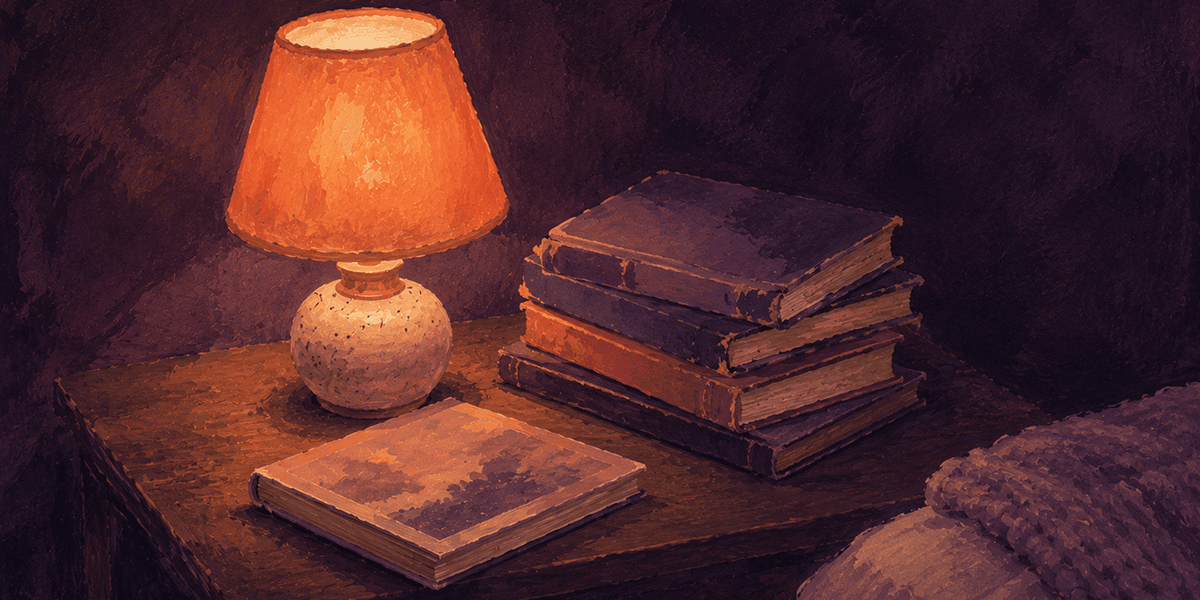 Painterly dusk illustration of a child's bedroom at twilight with curtains drawn and a soft apricot lamp glow.