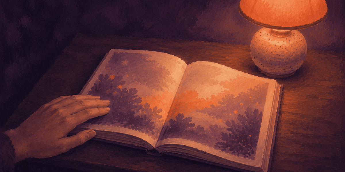 A parent's hand resting on an open picture book, warm apricot lamplight. The benefits of reading aloud to children.