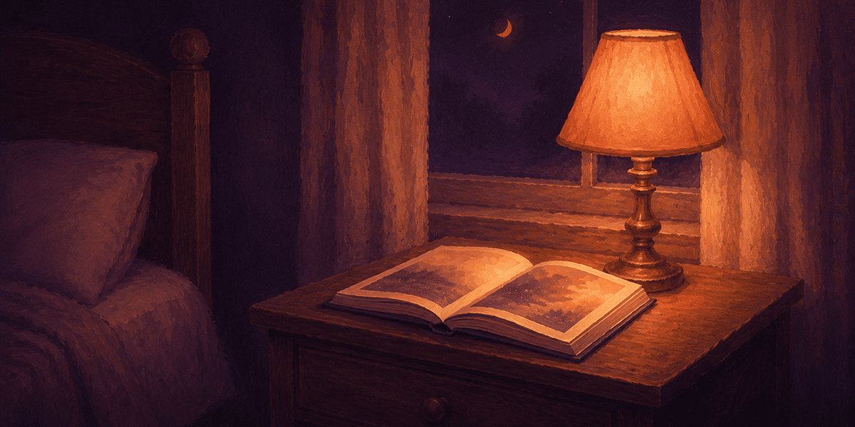 A child's bedside table at dusk with an open picture book under a lamp and a crescent moon through the window. Bedtime for a five year old.