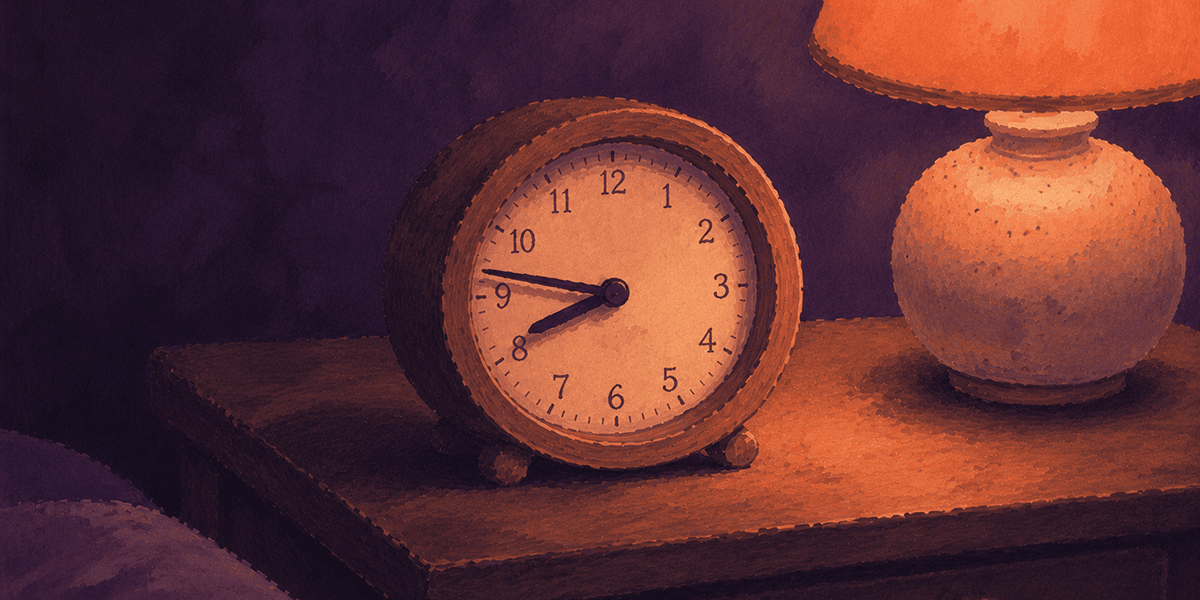 A clock face showing 8:47pm sitting in soft apricot lamplight. Why bedtime feels harder than the rest of the parenting day.