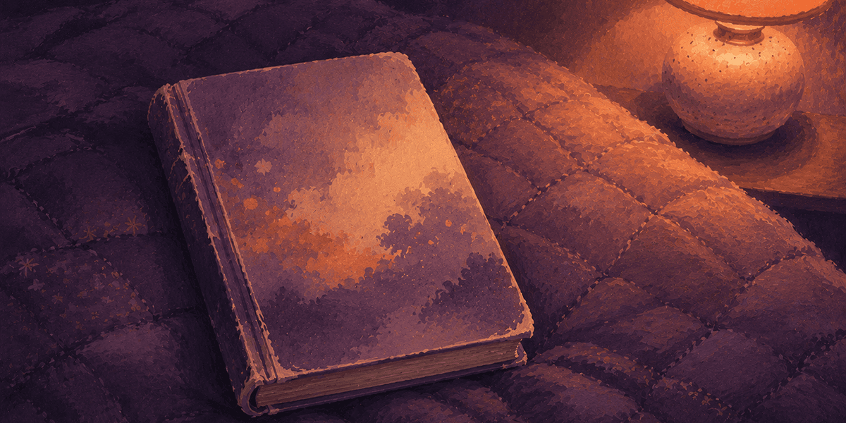 Painterly dusk illustration of a stack of well worn picture books beside a dim bedside lamp.