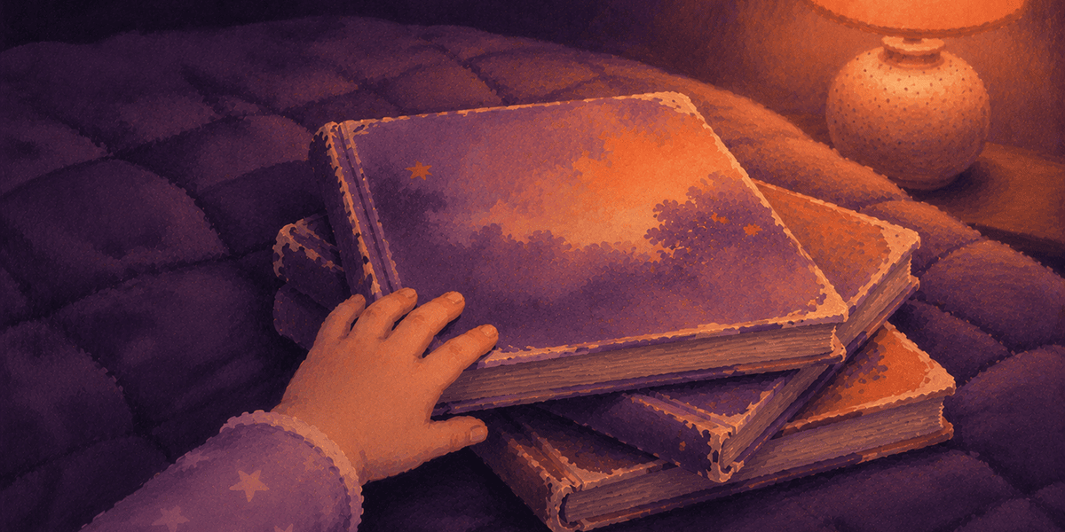 A small hand reaching toward a stack of well loved picture books in apricot lamplight. Why children want the same bedtime story every night.