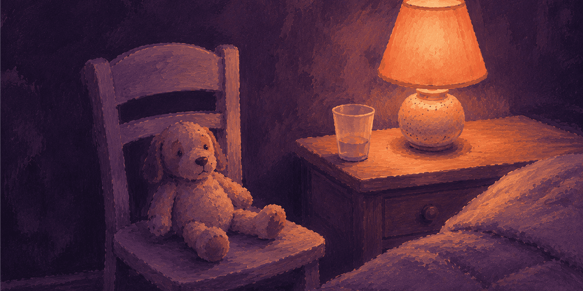 Painterly dusk illustration of a small child peering out from under a quilt with a glass of water on the nightstand.