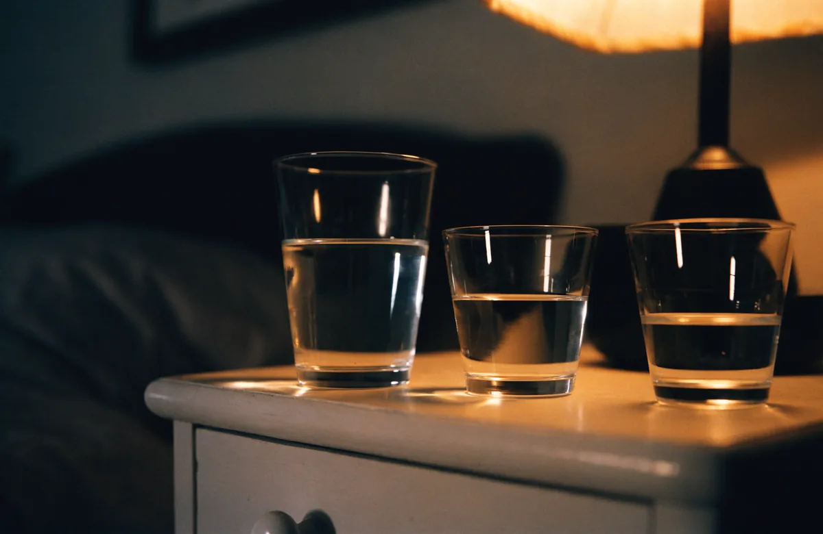 Three half drunk glasses of water lined up on a bedside table in lamplight.