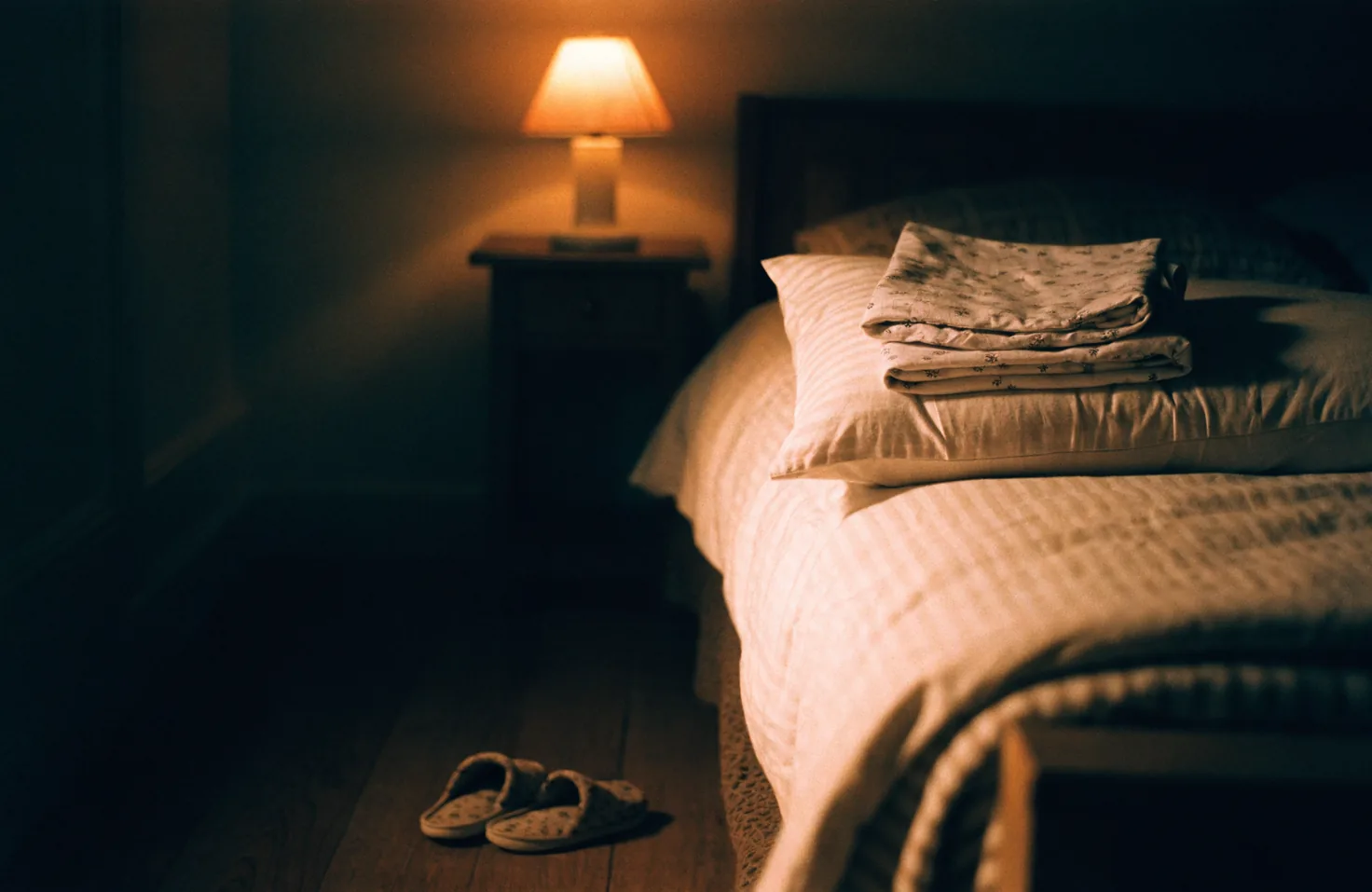 A made bed with folded pyjamas on the pillow, slippers on the floorboards, and a lamp lit on the bedside table.