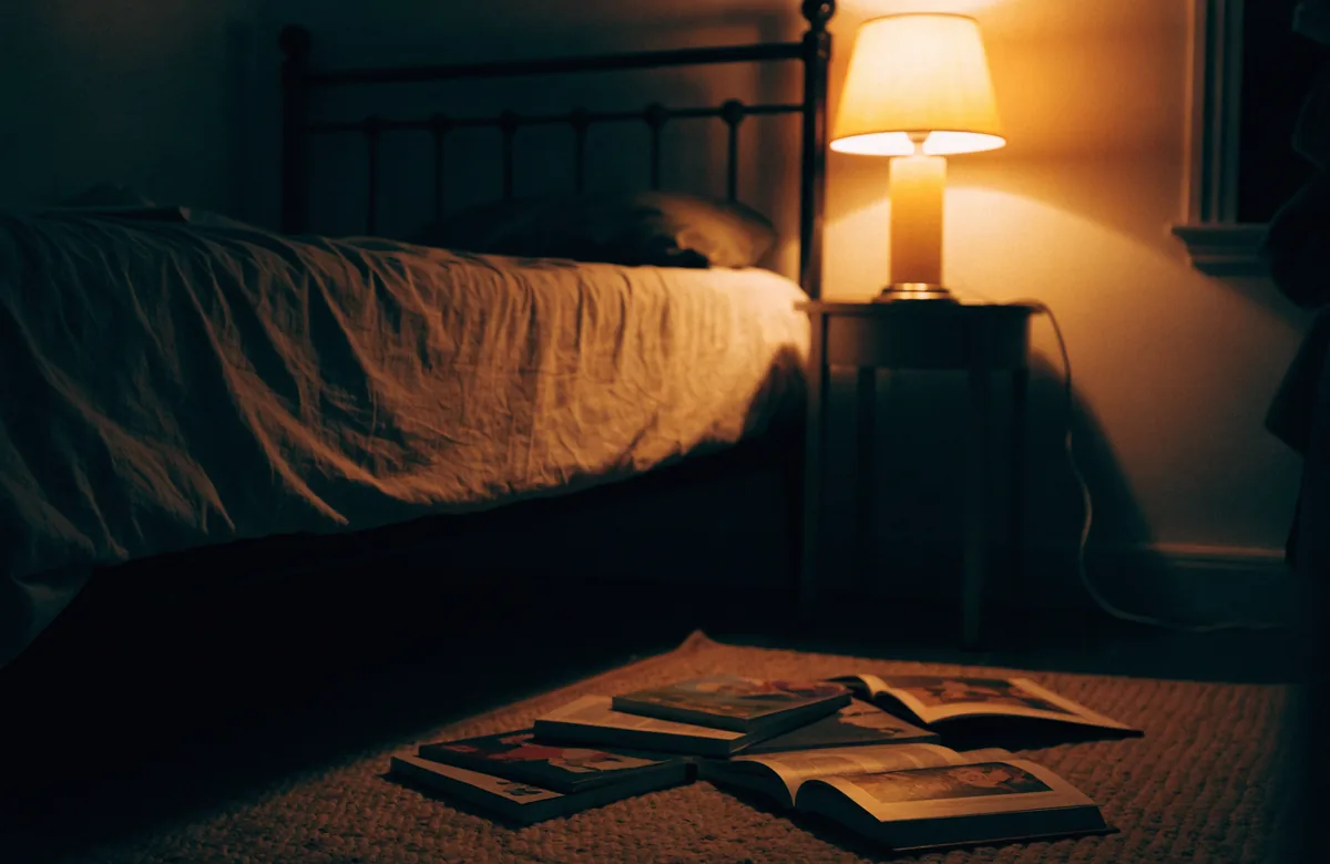 Picture books left open and abandoned on the floor at the foot of a bed, a lamp still burning on the side table.