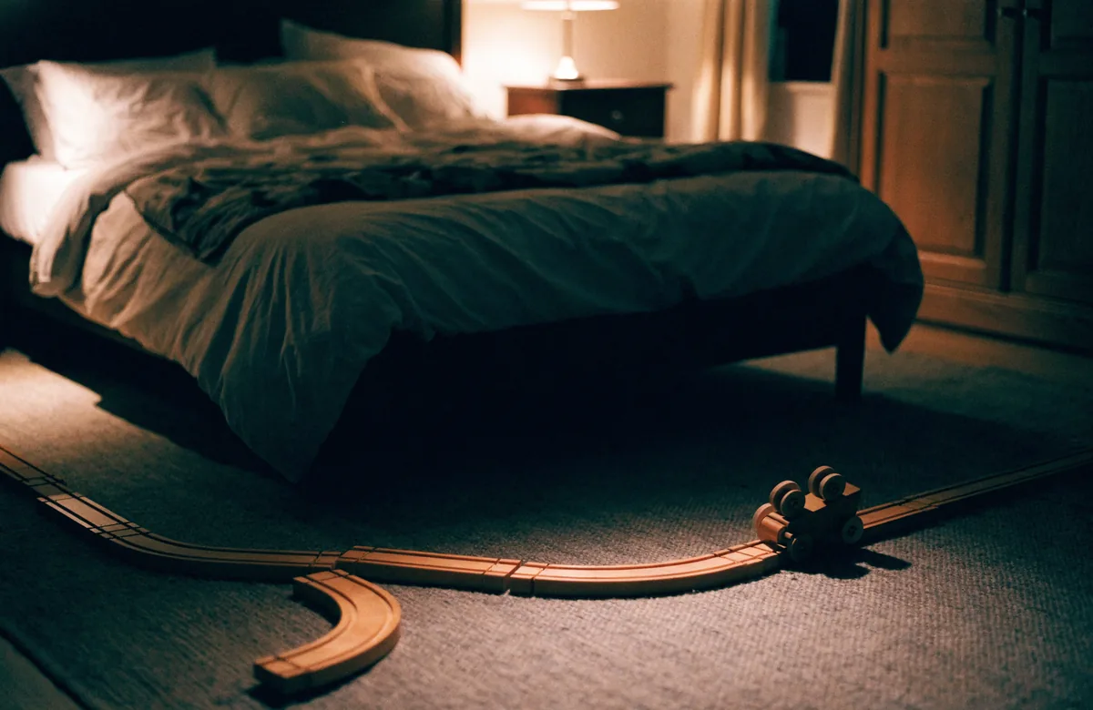 A wooden train track curving across the carpet at the foot of a bed, one carriage still on the rails.