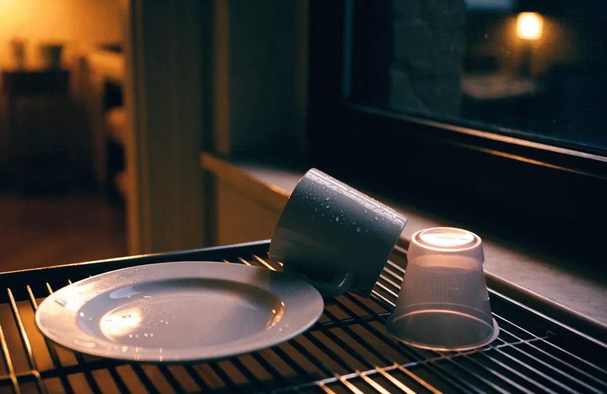 A single plate, mug and child’s beaker upturned to drain on a rack beside a dark window.